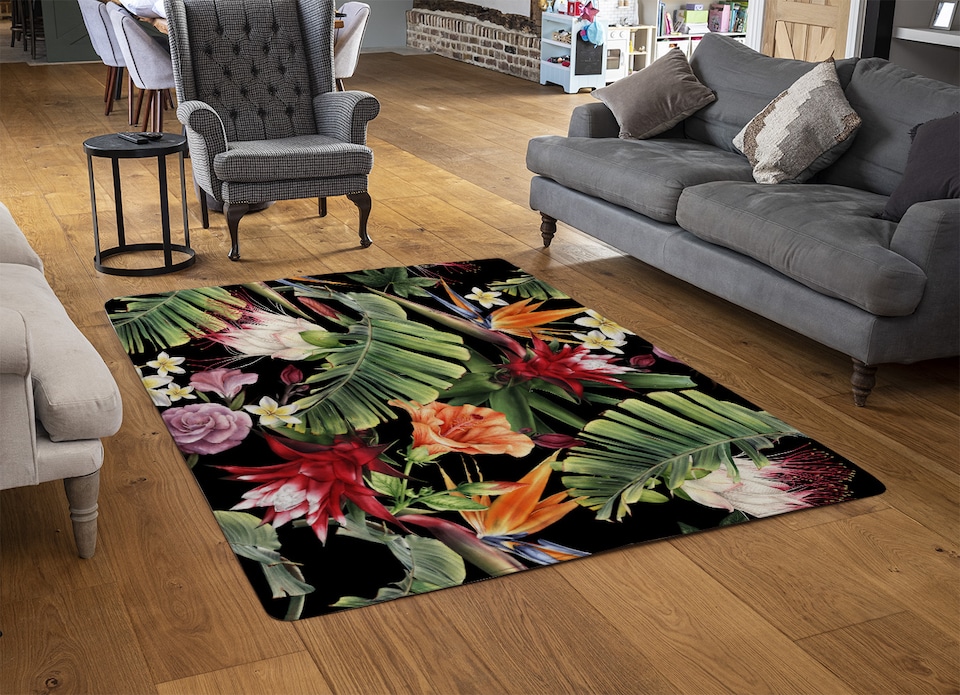 image 1 of Tropical Flowers & Plant Leaves Rug | Multi