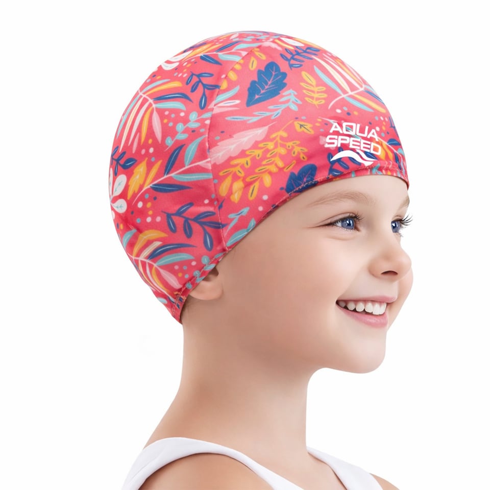 image 1 of Baby Girl & Boy Patterned Fabric Swimming Cap | Flexible Comfortable Toddler Fit | Pink | Pink | One Size | 1