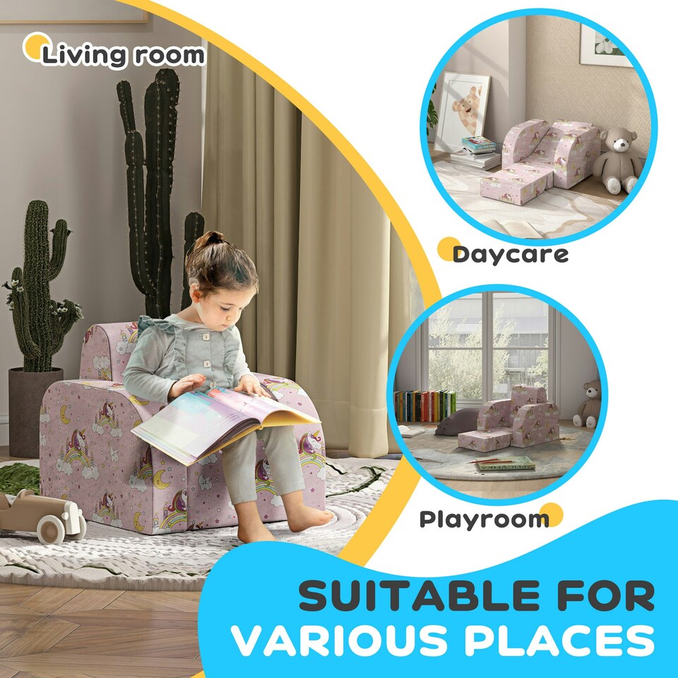 image 1 of AIYAPLAY Kids Sofa Bed Folding Toddler Couch Armchair Recliner Pink Pink