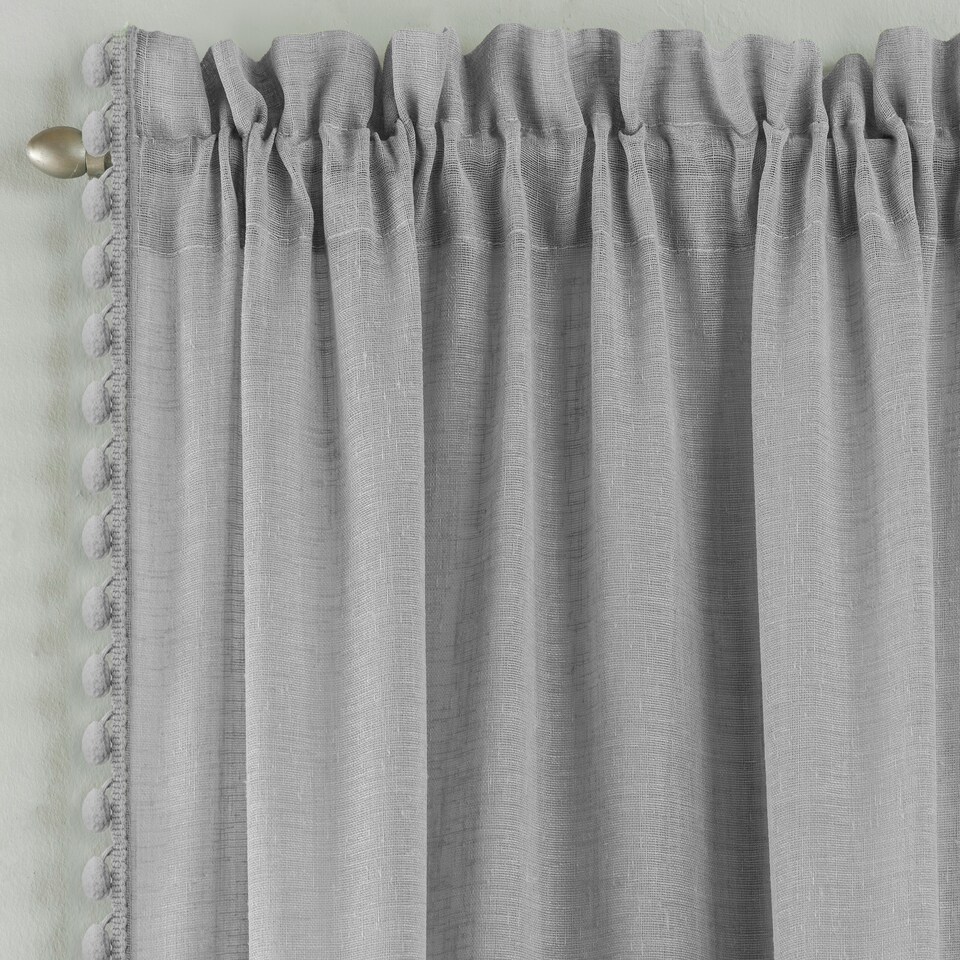 image 1 of Pair of Tahiti Grey Pom Pom Trim Voile Panels 137 cm (54 inch) Rod Pocket Linen Look Panels for Bedroom and Living Room