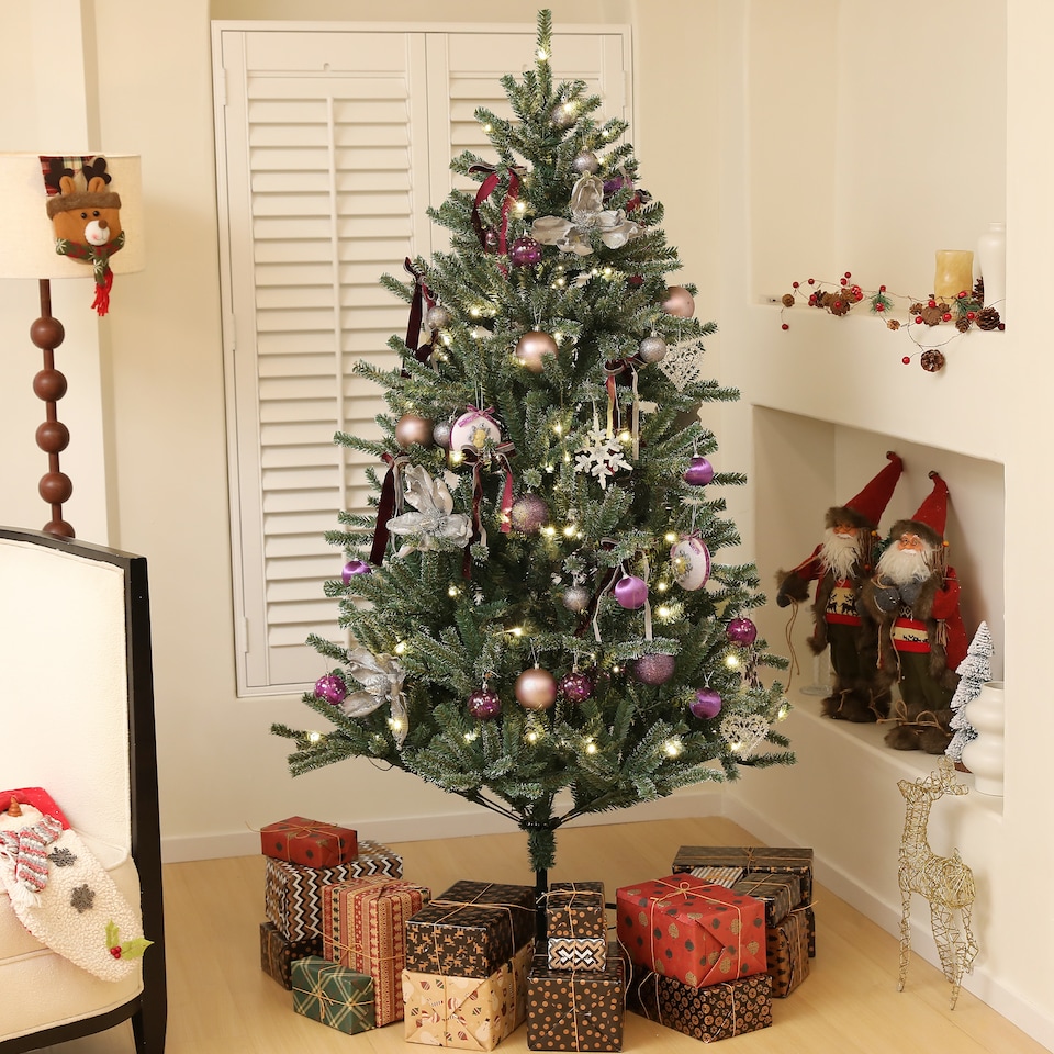 image 1 of HOMCOM 6ft Artificial Prelit Christmas Tree w/ LED Lights, Purple Ornaments