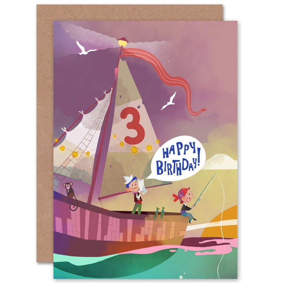 image 1 of Child Pirate Ship Nautical Cartoon Age 3 Year Old Kids 3rd Birthday Card