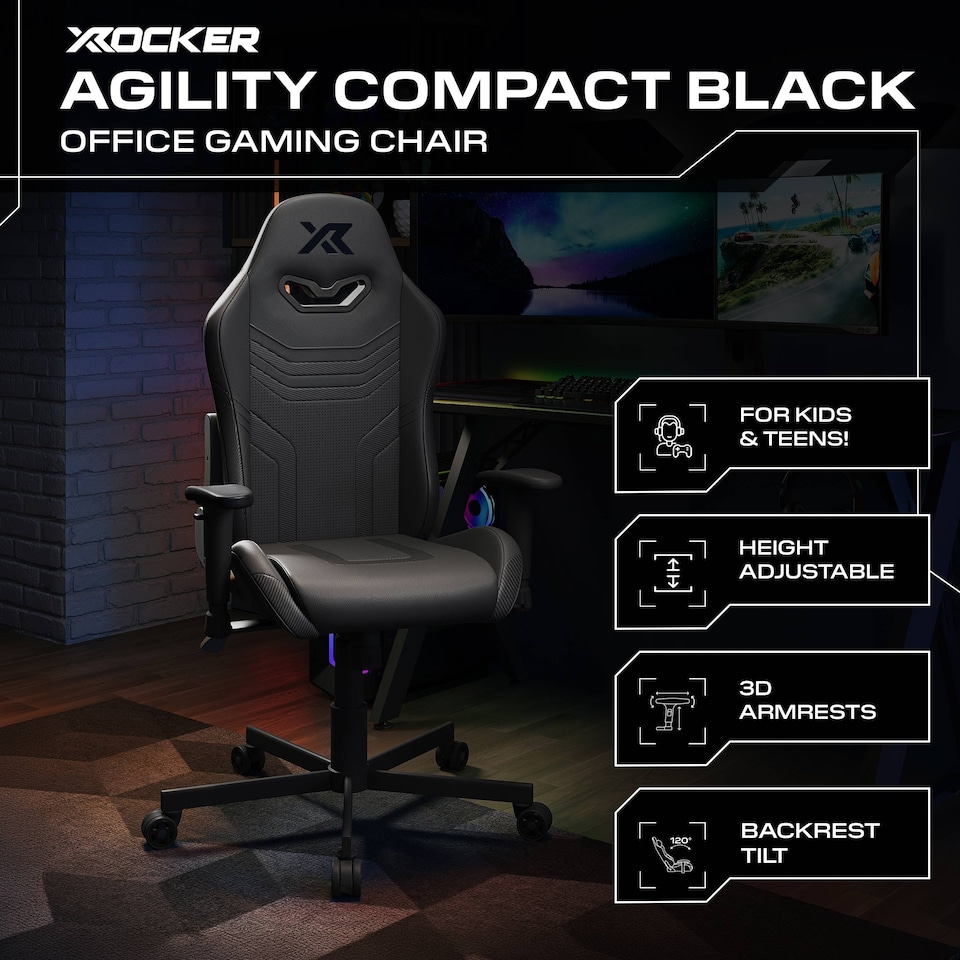 image 1 of Agility Compact Ergonomic PC Gaming Chair for Juniors - Carbon Black