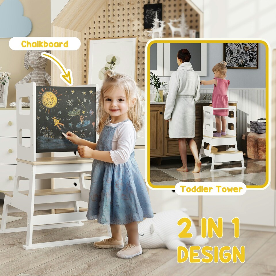 image 1 of AIYAPLAY 2 in 1 Toddler Tower w/ Chalkboard, Safety Rail, for Kitchen, Sink