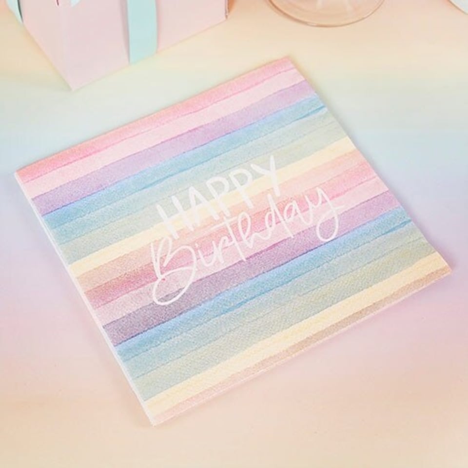 image 1 of Pastel Rainbow Stripes Happy Birthday Luncheon Paper Napkins 3 Ply 33cm - Pack of 16 | Multi