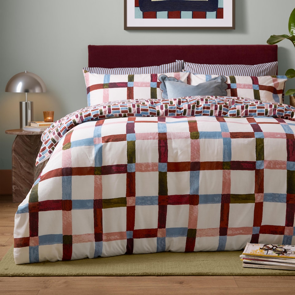 image 1 of Furn Selvan Reversible Printed Duvet Cover Set, Oatmilk & Burgundy