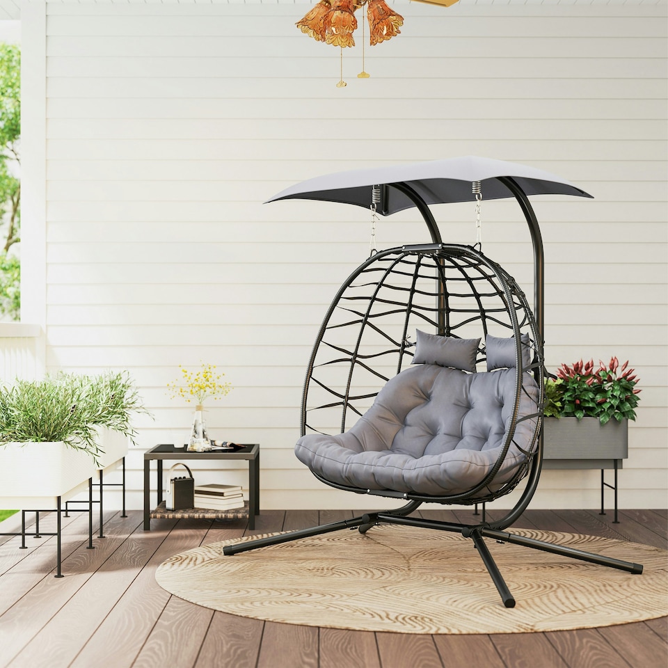image 1 of Outsunny Rattan Double Hanging Egg Chair with Canopy, Cushion, Black