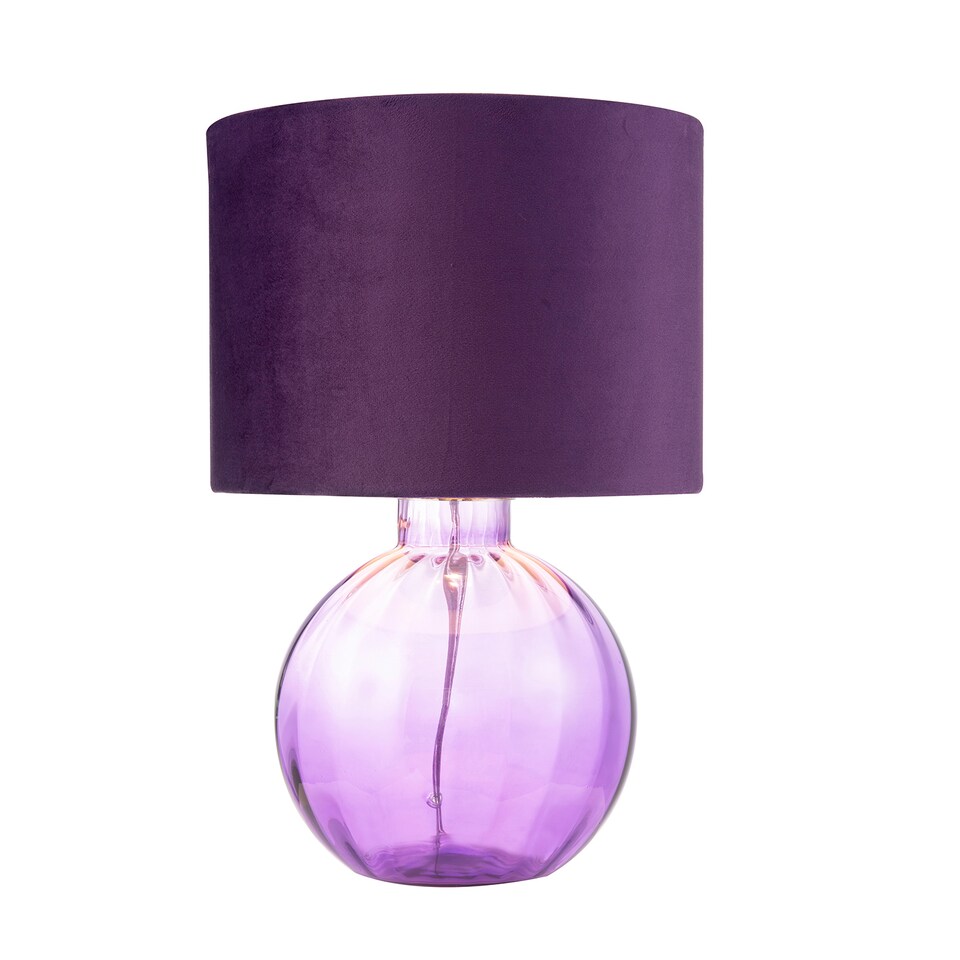 image 1 of Contemporary Deep Purple Ribbed Glass Table Lamp with Soft Velvet Fabric Shade | Purple