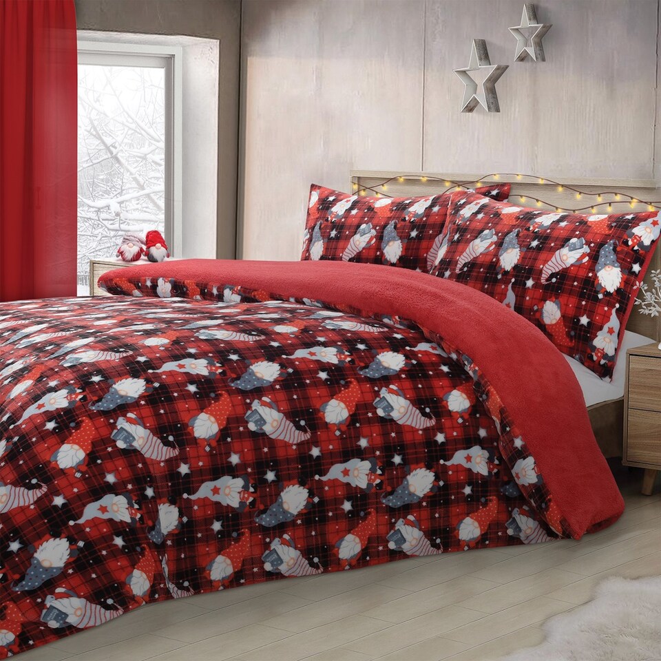 Homes Linen Christmas Gonks Teddy Fleece Duvet Cover Set Soft Warm Cosy Festive Bedding Set | Red | Double