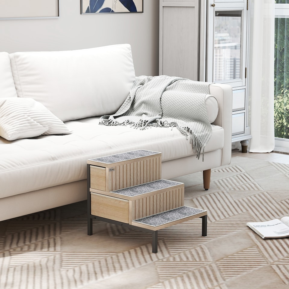 image 1 of PawHut Dog Stairs with Storage, Pet Steps for Older Cats & Small Dogs with Non-Slip Cover, Puppy Pet Steps for Sofa, High Bed, Oak Tone