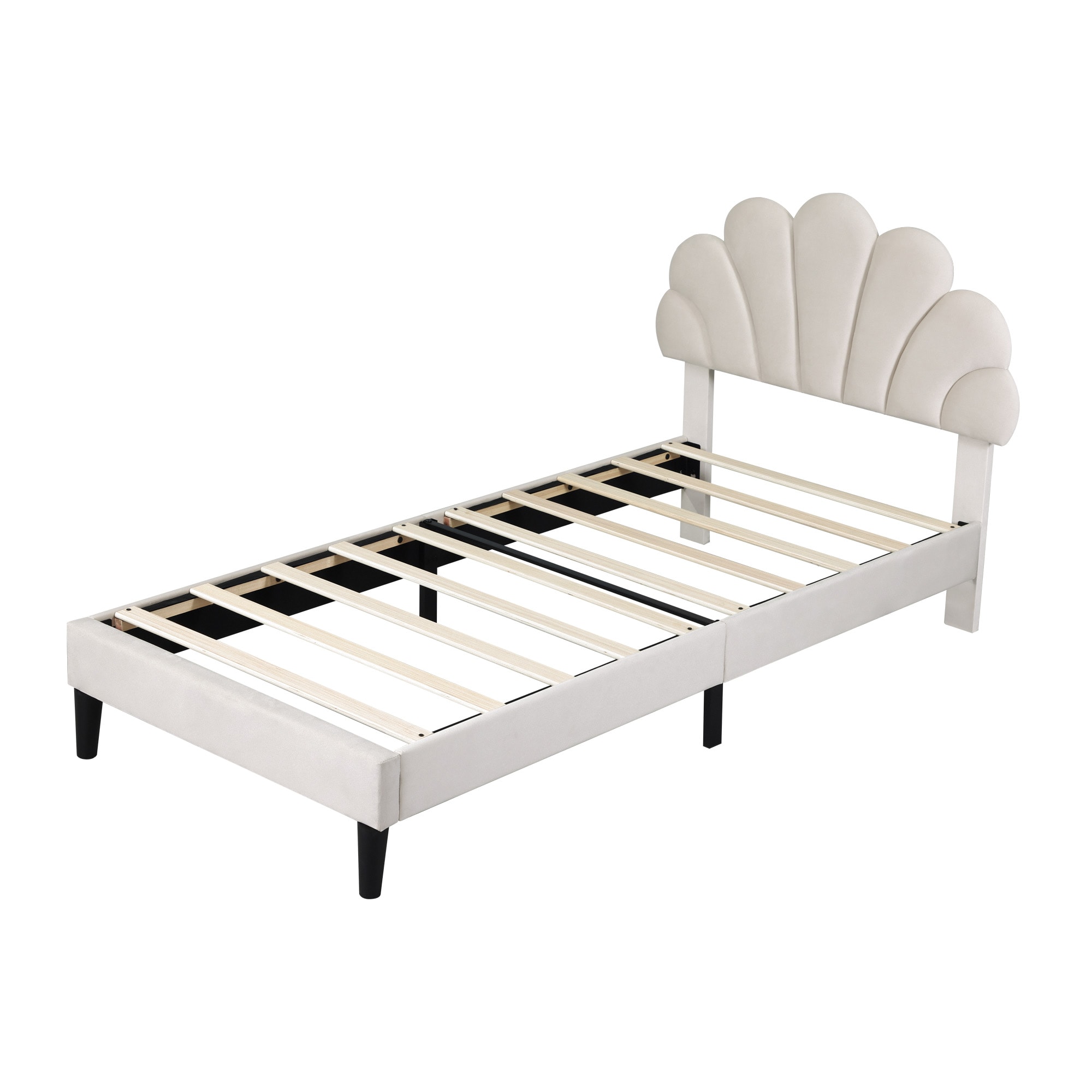 Abrihome 3FT Single Velvet Upholstered Bed Frame 90x190cm with Adjustable Petal Headboard, Solid Wood Slats, No Box Spring Needed, Beige