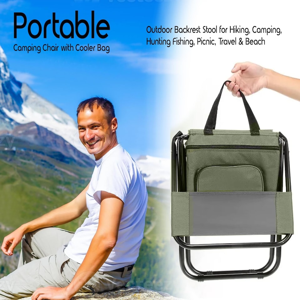 image 1 of Folding Camping Chair, Lightweight Foldable Fishing Chairs Portable Camping Chair with Cooler Bag Outdoor Backrest Stool
