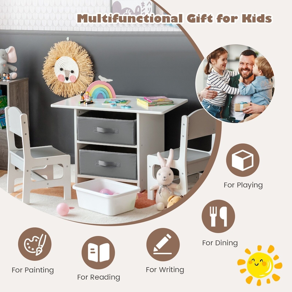 image 1 of COSTWAY Toddler Wooden Activity Table & 2 Chairs Set Grey