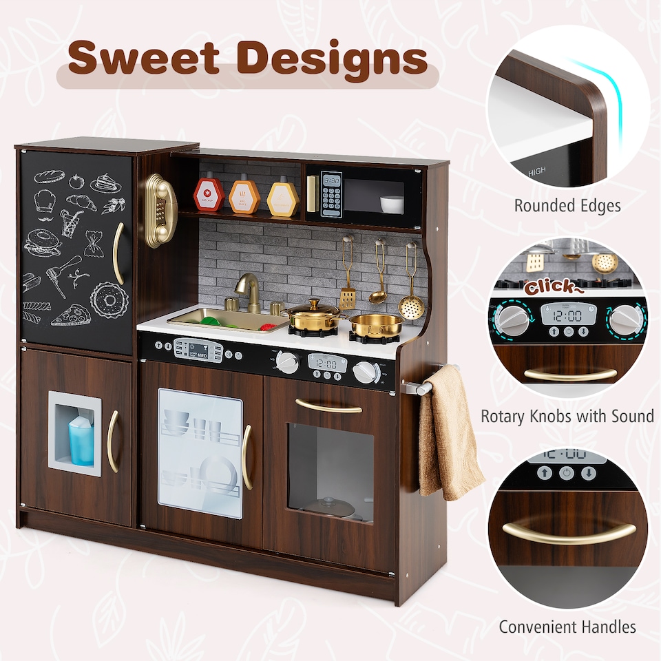 image 1 of COSTWAY Wooden Play Kitchen Kids Pretend Play Toy w/Microwave Ice Make-Brown