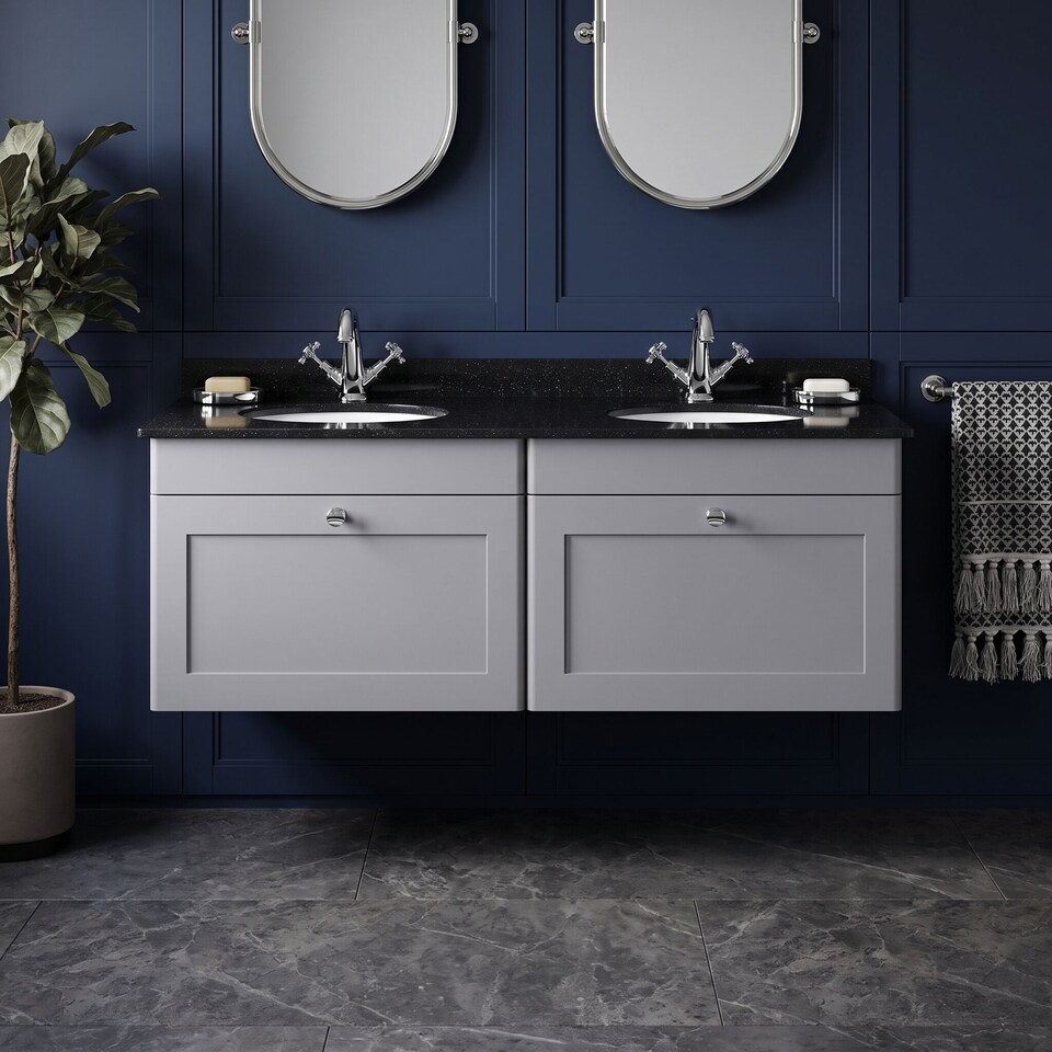 image 1 of Balterley Swynnerton Traditional 2 Drawer Wall Hung Vanity Unit with Double Marble Basin, Satin Grey, 1200mm