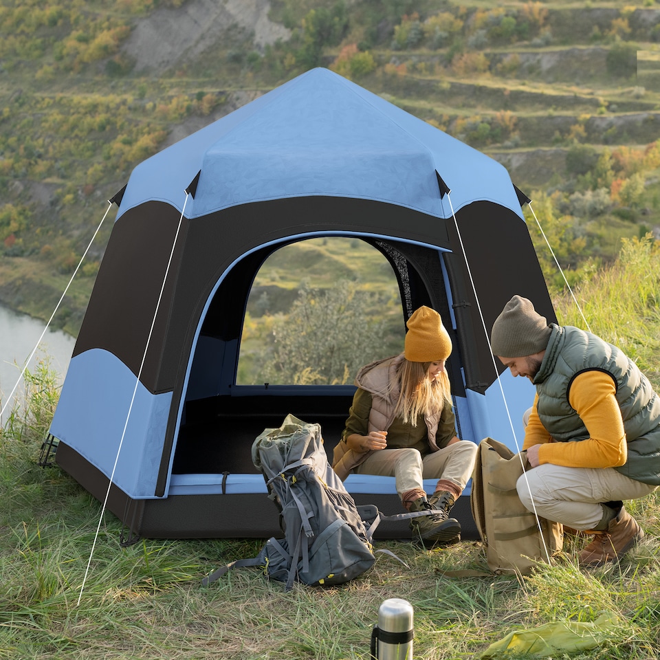 image 1 of Blue 4 Person Dual Layer Pop Up Camping Tent with Rainfly Outsunny