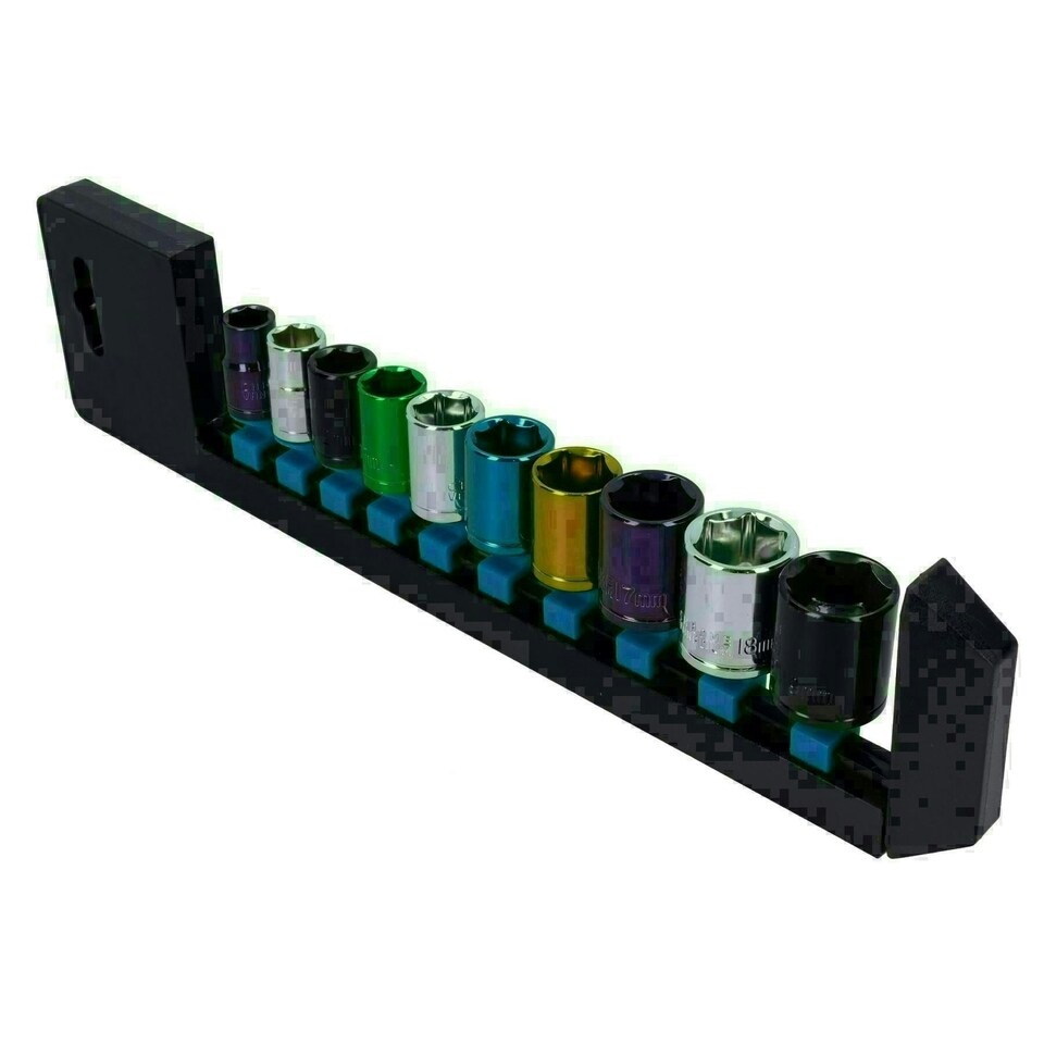 image 1 of 10pc Coloured 3/8" Dr Shallow Sockets 6 Point Hex Metric 10 - 19mm With Rail