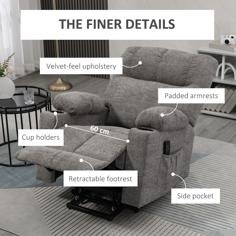 image 1 of HOMCOM Power Lift Chair Recliner for Elderly, Velvet-touch Fabric Electric Riser and Recliner Chair for Living Room with Remote Control, Side Pockets, Cup Holders, Grey | Grey | Grey