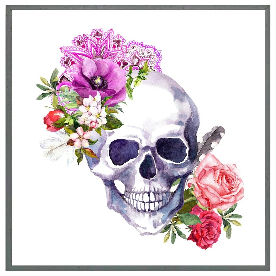 image 1 of Human skull with flowers (Picutre Frame) Black | S