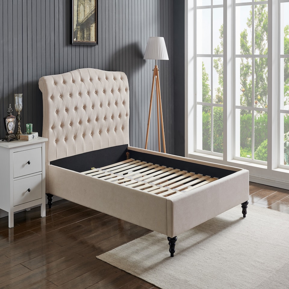 image 1 of 3ft Single Fabric upholstered, natural beige,buttoned back,curved bed frame,bedstead