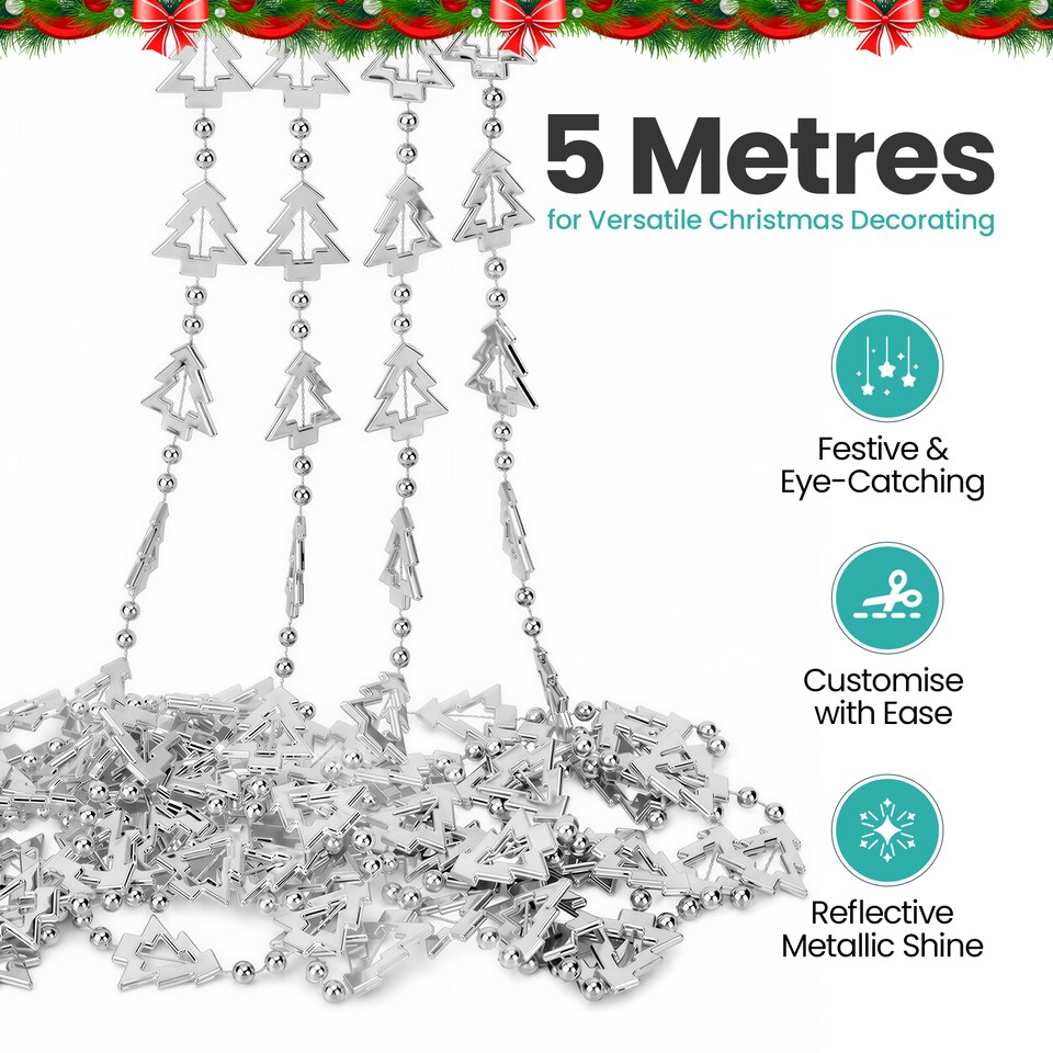 image 1 of 5M Christmas Tree Bead Garland, Metallic Hanging Chain Feastive Garland