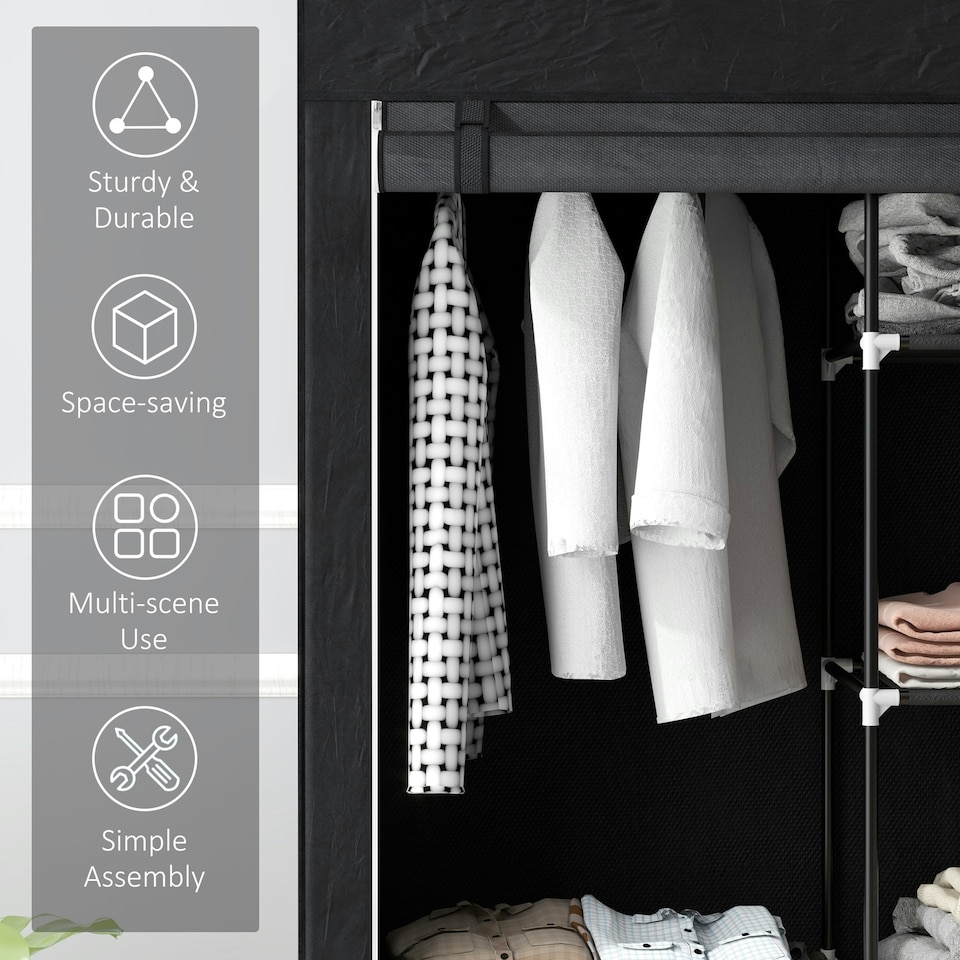 image 1 of HOMCOM Fabric Wardrobe w/ Shelves Hanging Rail Foldable Closets Light Grey