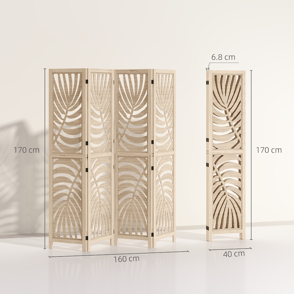 image 1 of HOMCOM 4 Panel Privacy Screens with Palm Leaf Design, Natural Wood Finish