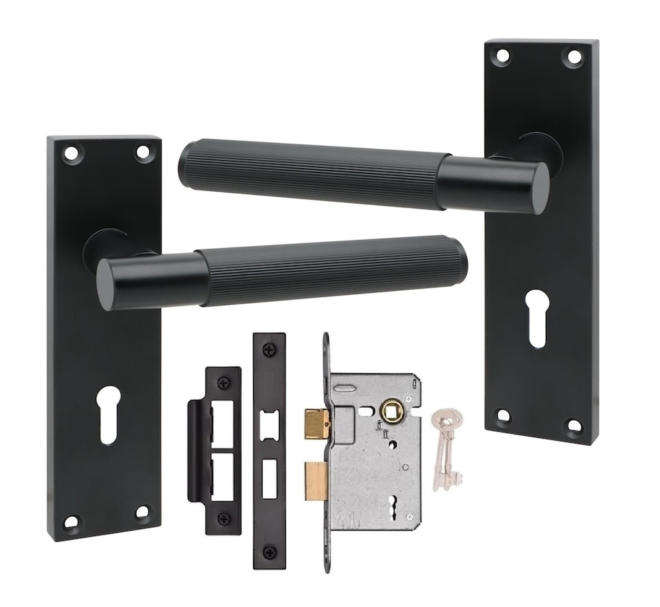 image 1 of Golden Grace Victorian T-Bar Linear Design Lock Door Handle Set Matt Black Finish with 2.5in 3 Lever Lock - 150 x 40mm