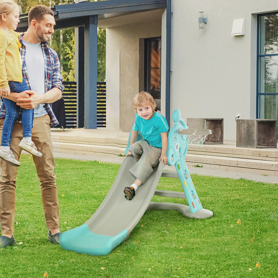 image 1 of HOMCOM 2 in 1 Kids Slide with Basketball Hoop 18 months -4 Years Old Deer Blue