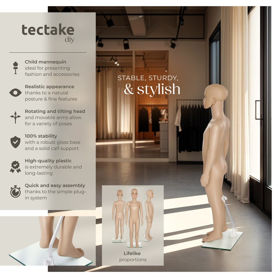 image 1 of Mannequin - adjustable, full body, life size, realistic proportions, glass plate stand | Cream | beige | Child | 1