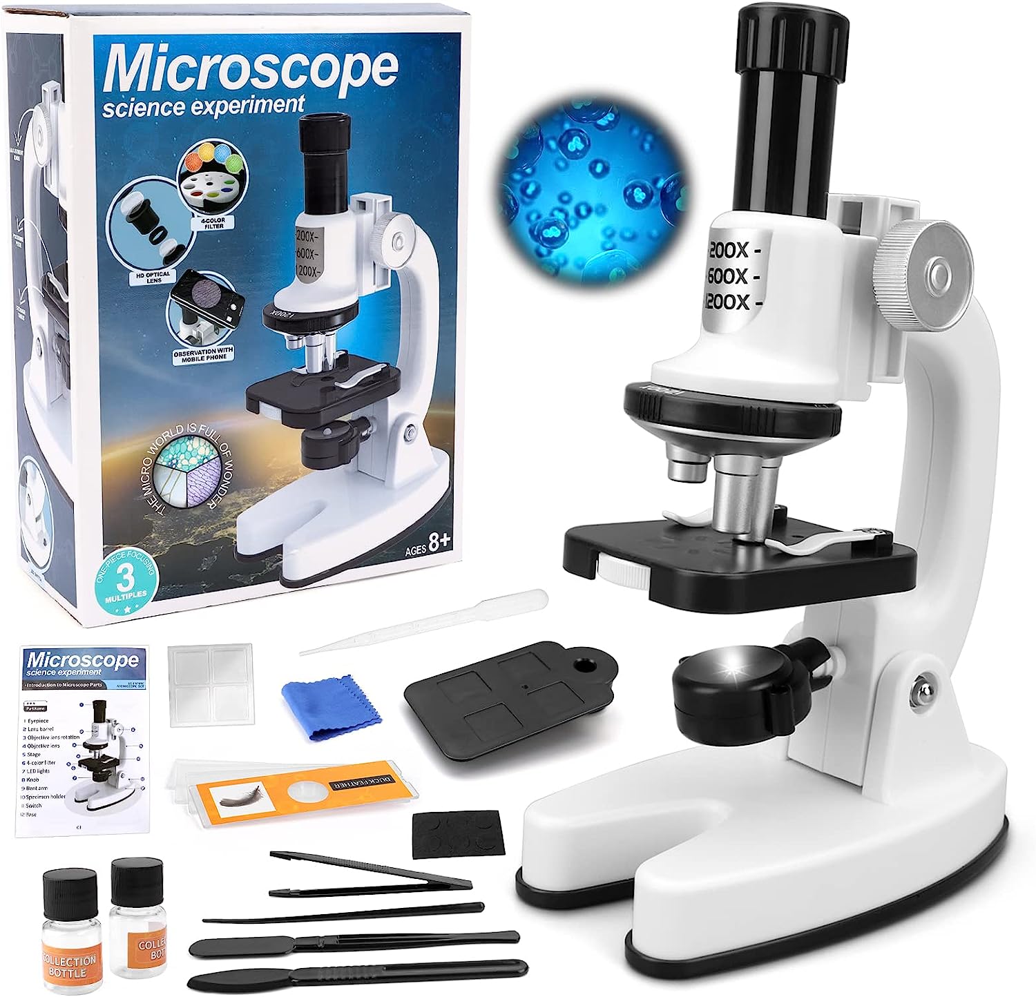 Kids Microscope Kit - Portable Science Set with LED Light, Smartphone Holder & 15 Accessories Educational STEM Toy