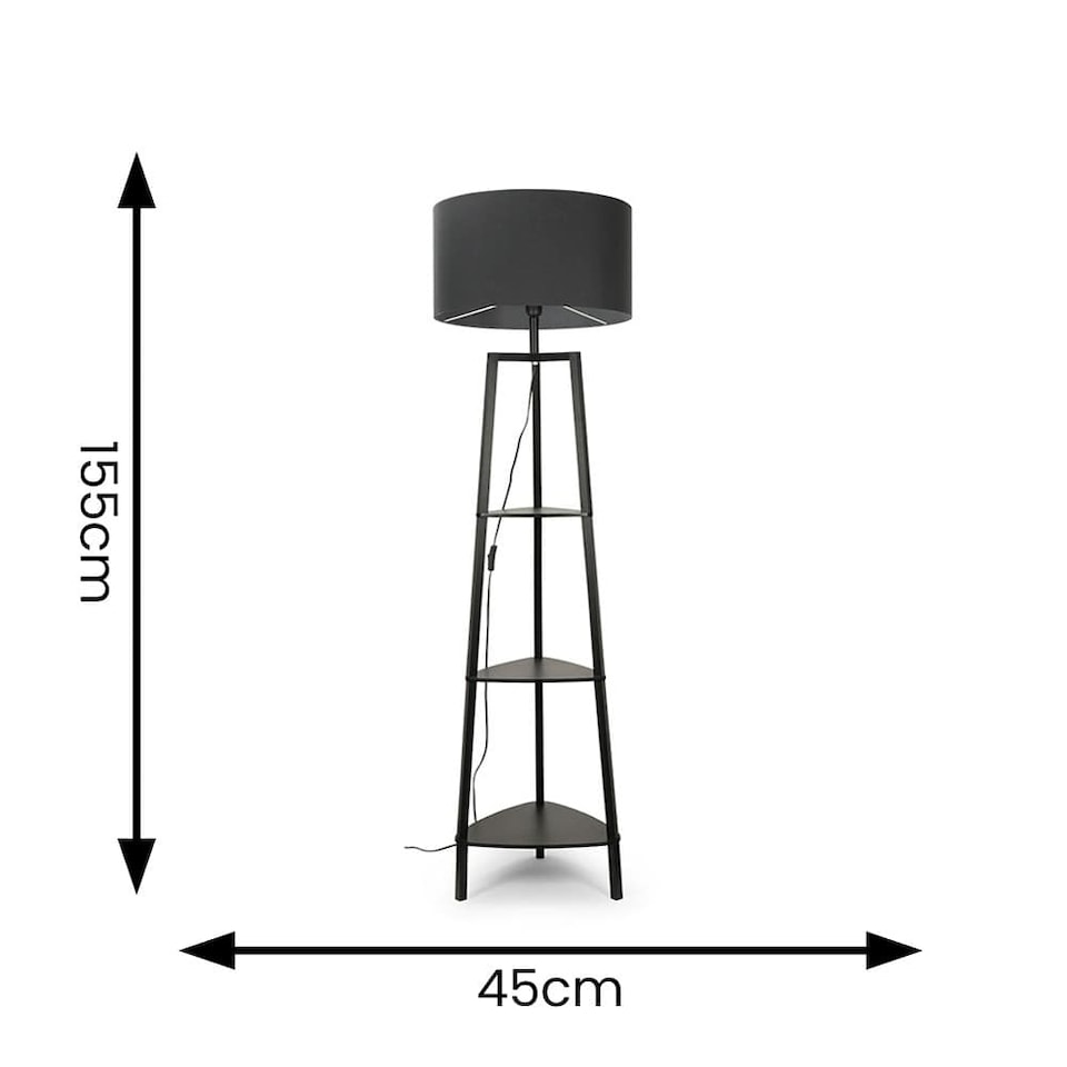 image 1 of ValueLights Hiru Black 3 Tier Shelf Floor Lamp With Charcoal Shade | Grey