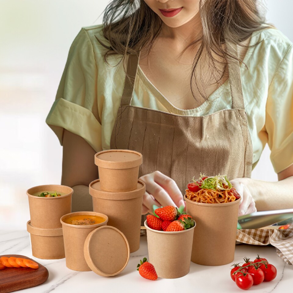 image 1 of ECONX 32oz Kraft Disposable Paper Soup Cups Food Containers with Lids Takeaway Tubs 25pc