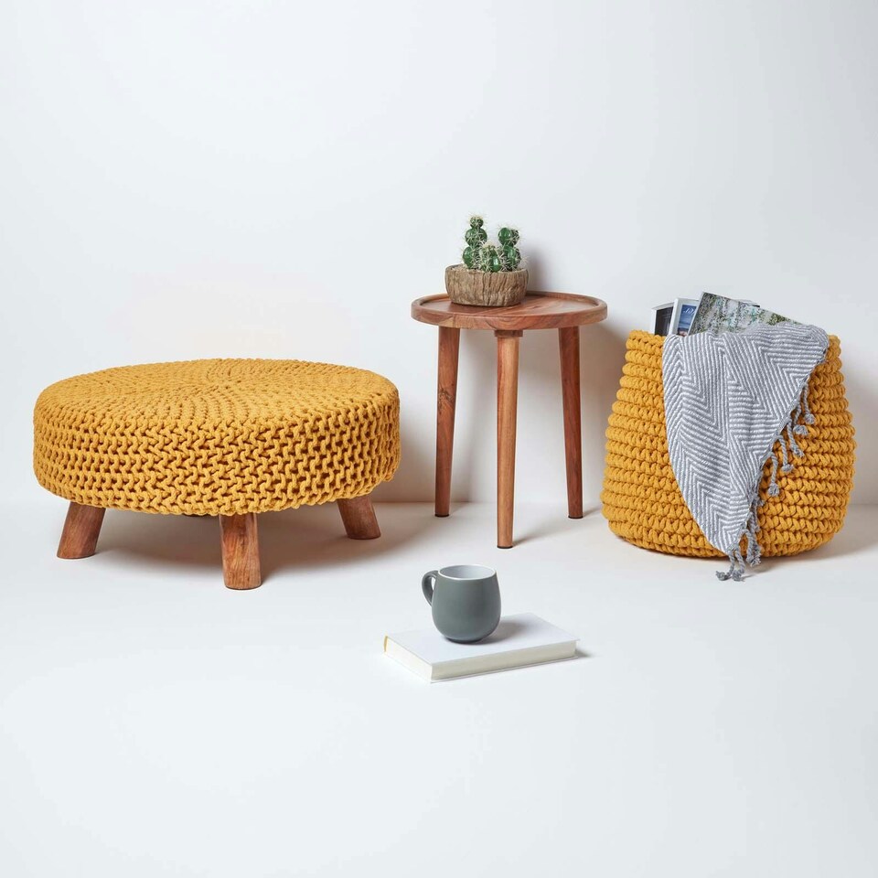 image 1 of Homescapes Mustard Large Round Cotton Knitted Footstool on Legs | Yellow | 62 x 62 x 30 cm