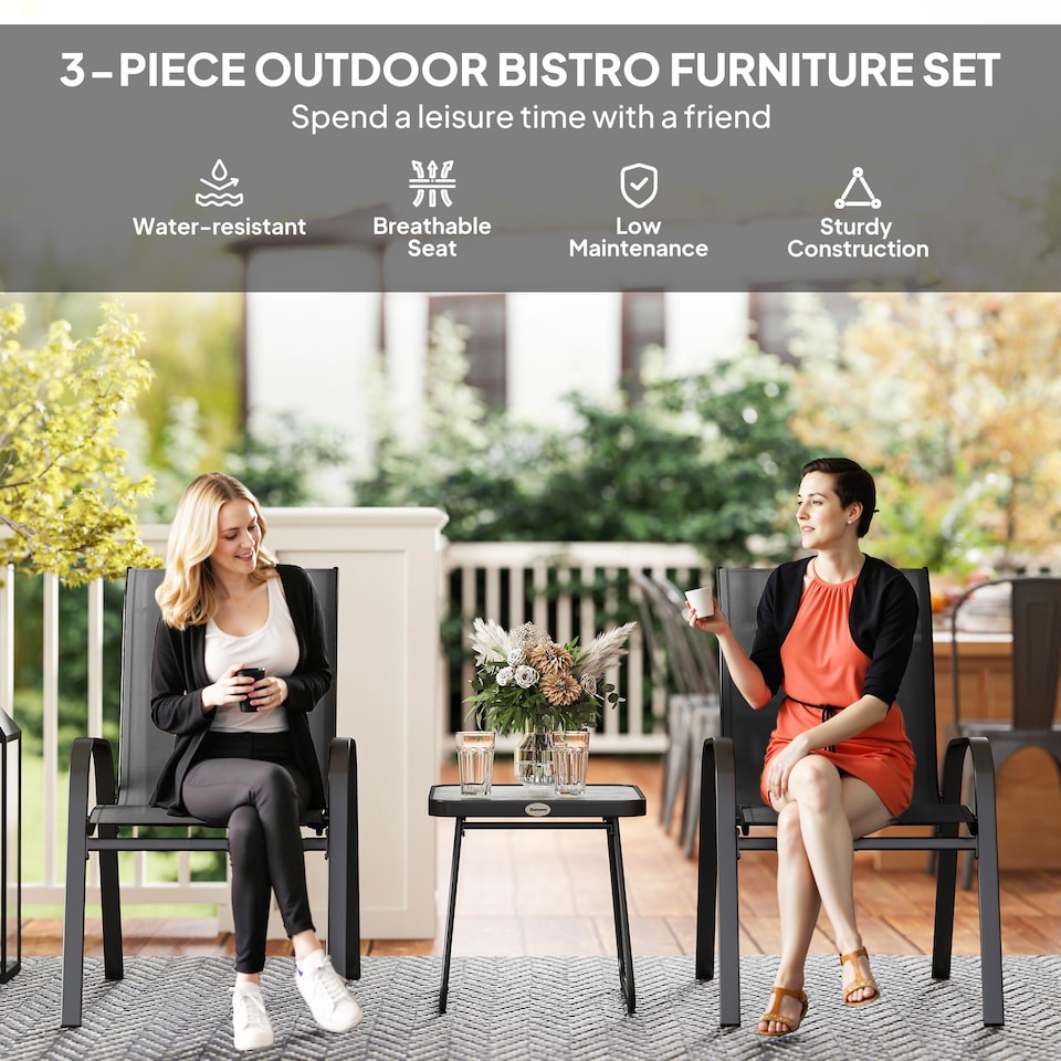 image 1 of Outsunny Garden Bistro Set, 3 Piece Garden Furniture Set with Stackable Armchairs and SPC Board Coffee Table, Bistro Table and Chairs with Texteline Seats for Balcony, Porch, Black