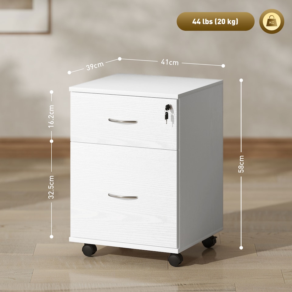 image 1 of HOMCOM 2 Drawer Lockable Filing Cabinet with Wheels, Mobile Filing Cabinet for Home Office, Small Printer Stand, White Wood Grain