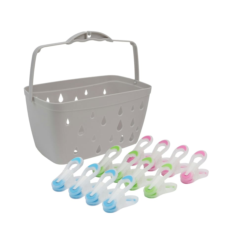 image 1 of JVL Plastic Peg Basket, Grey with 36 Prism Soft Touch Mini Plastic Pegs, Multi
