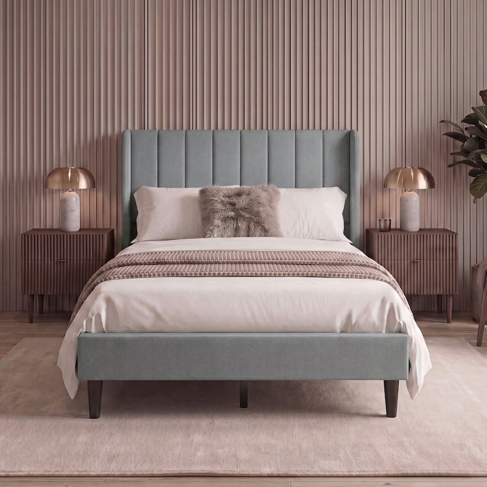 image 1 of Vida Designs Vianna Light Grey Linen Fabric Bed Frame with Headboard - Double