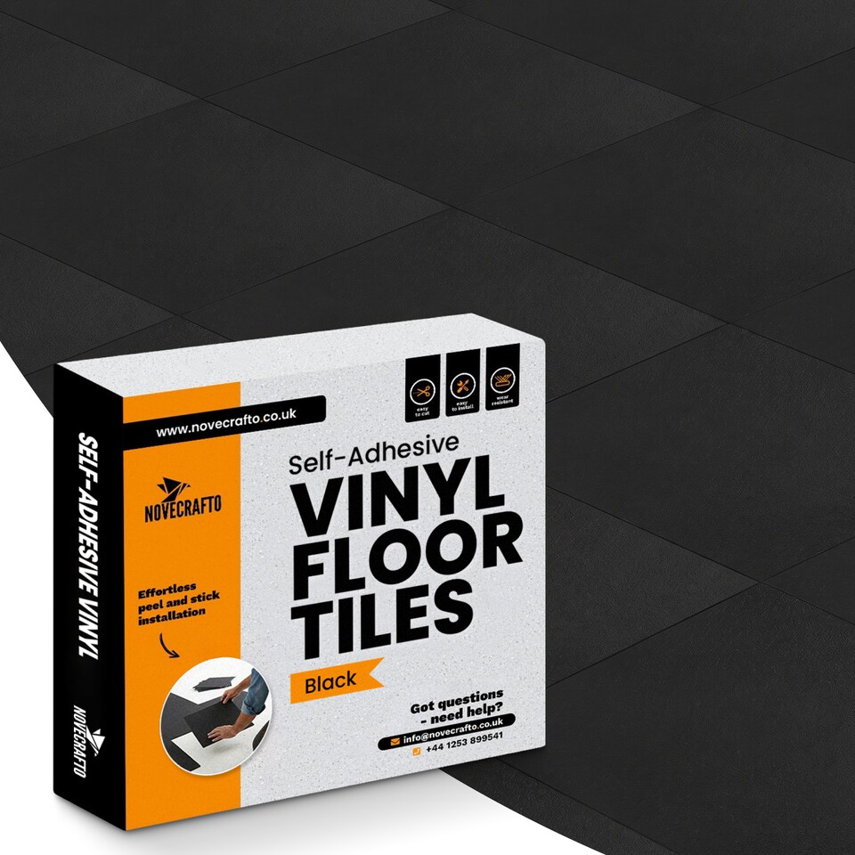 image 1 of NOVECRAFTO Vinyl Floor Tile – Self Adhesive 12x12 in – Black Checkerboard – Peel & Stick for Kitchen, Bathroom & Living Room – Waterproof & Easy DIY | Black | 4.65 sqm