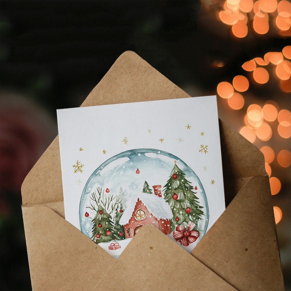 image 1 of Winter Cabin Decorated Trees Snow Globe Blank For Him Or Her Art Xmas Festive Christmas Card