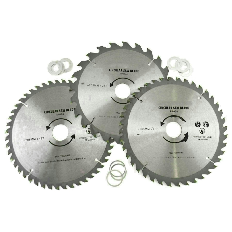image 1 of 3pc 205mm TCT Circular Saw Blades 20/40/48 TPI & Adapter Rings Reducer TE861