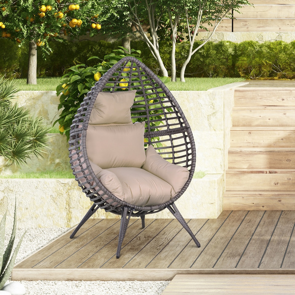 image 1 of Outsunny Garden Egg Chair, Teardrop Outdoor PE Rattan Chair with Full-body Soft Padded Cushion, Grey