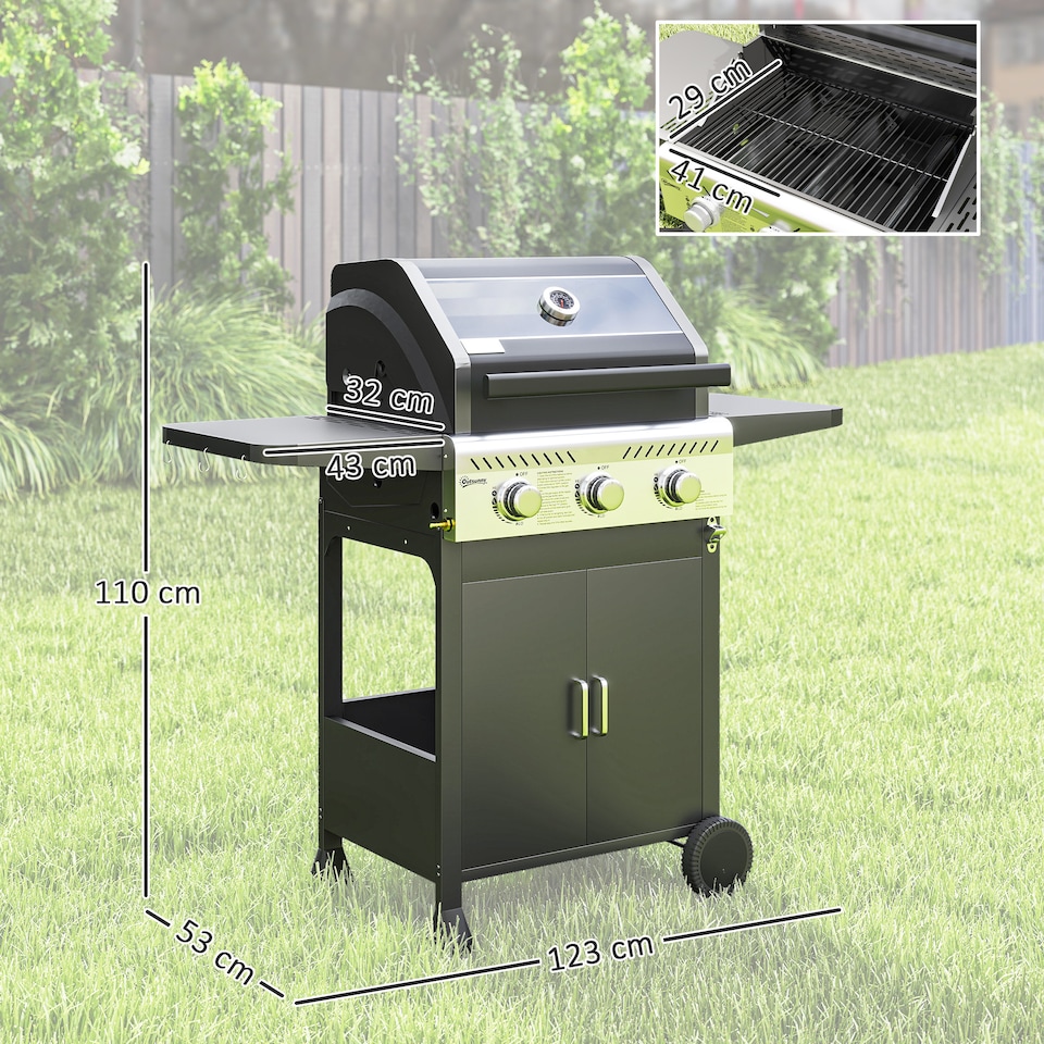 image 1 of Outsunny 3 Burner Propane Gas BBQ Grill with See-through Lid and Thermometer