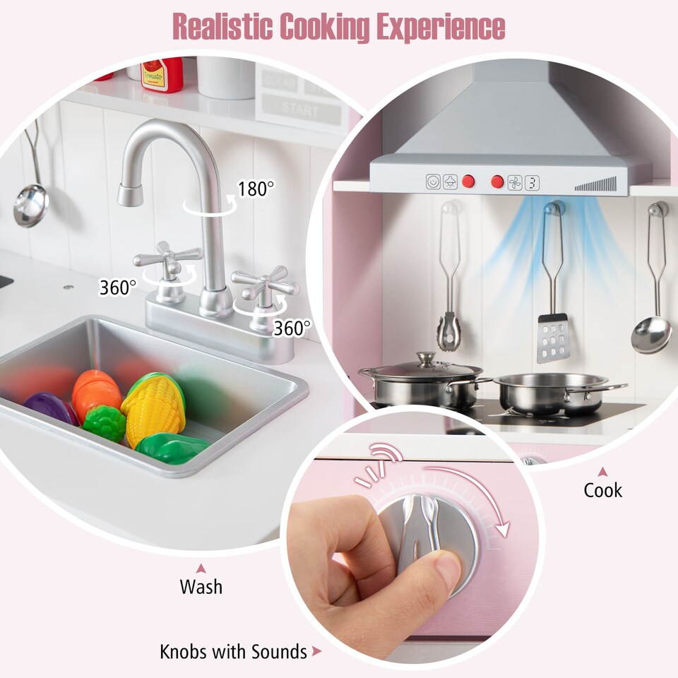 image 1 of COSTWAY Pretend Play Kitchen Toy Kitchen Playset with Range Hood-Pink