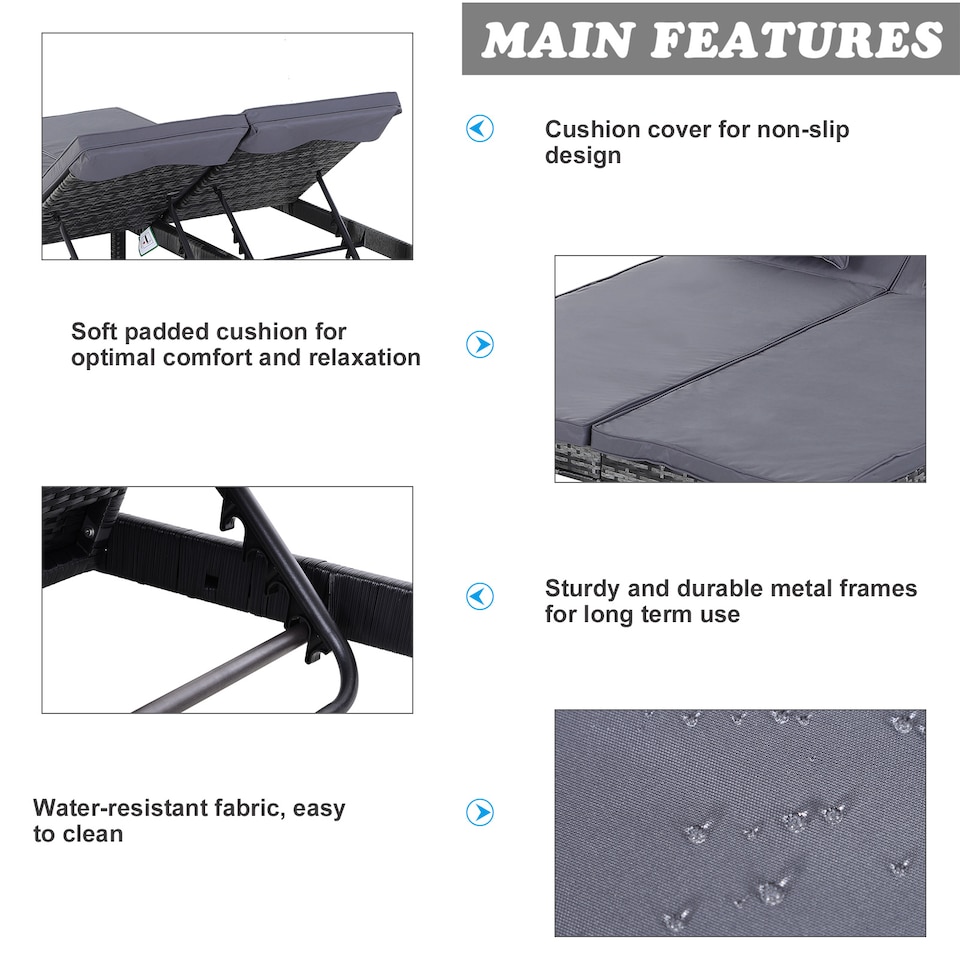 image 1 of Outsunny Double Rattan Sun Lounger, Garden Daybed with 5-Level Adjustable Backrest, Outdoor Lounge Sunbed with Cushion and Pillows, 2 Seater Wicker Patio Furniture, Grey