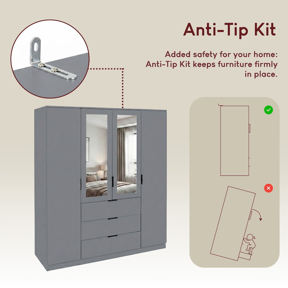 image 1 of Vida Designs Trega 4 Door 3 Drawer X-Large Mirrored Modern Wardrobe Unit, Grey