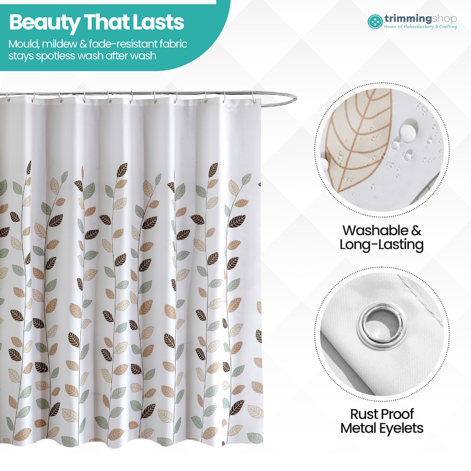 image 1 of Leaves Design Waterproof Shower Curtain with 12 Hooks - 180x200cm