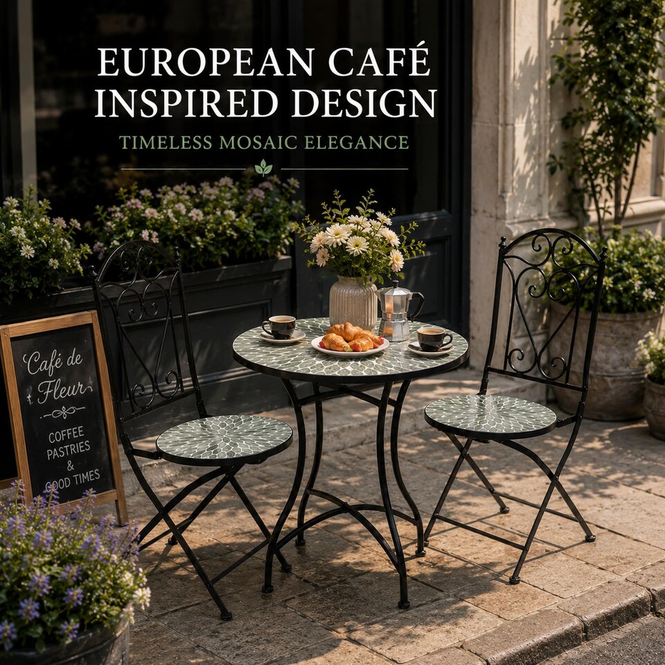 image 1 of Leaf Mosaic Bistro Set with Folding Chairs, Ceramic Top Outdoor Table and Two Seat Garden Furniture for Patio and Balcony
