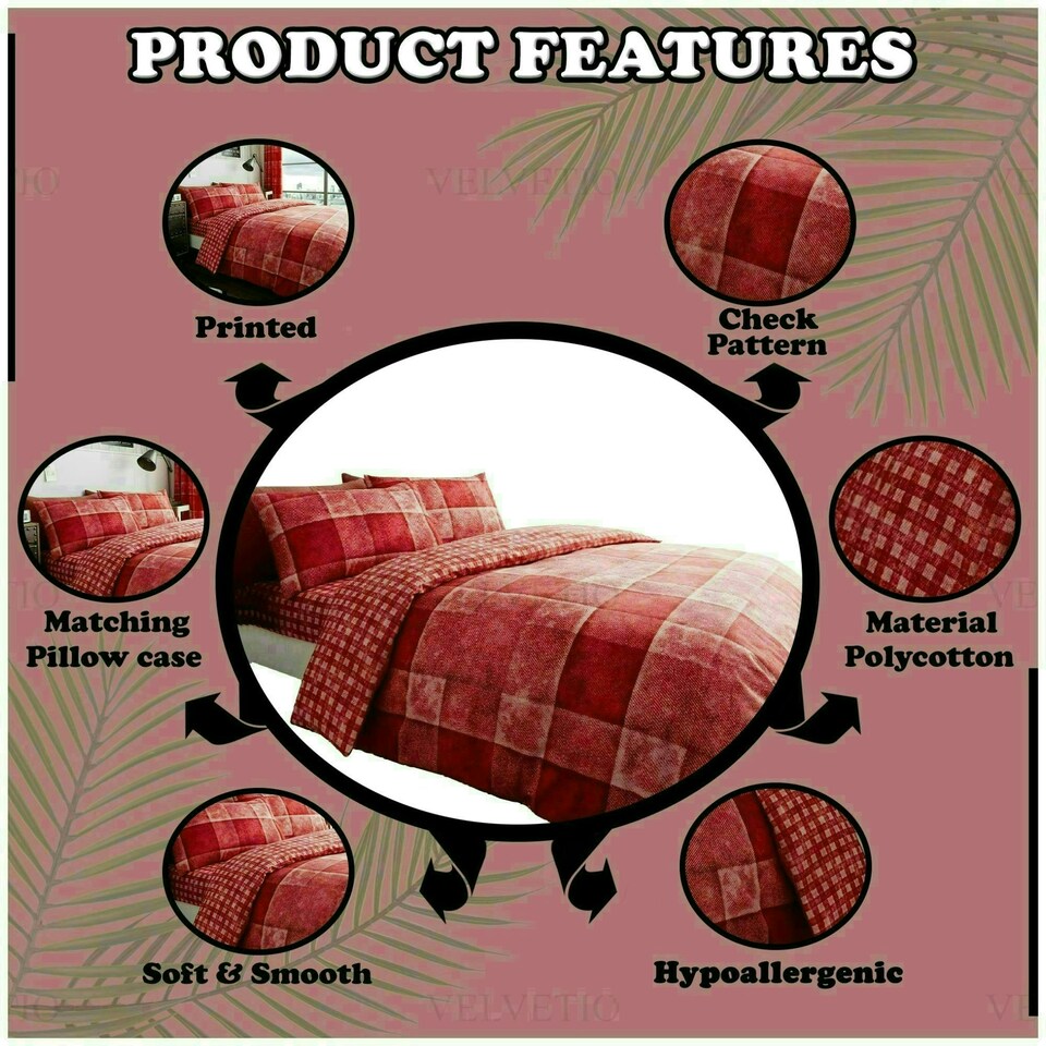 image 1 of VELVETIO Denim Check Printed Duvet Cover Set Reversible Polycotton Beddings Red | Single