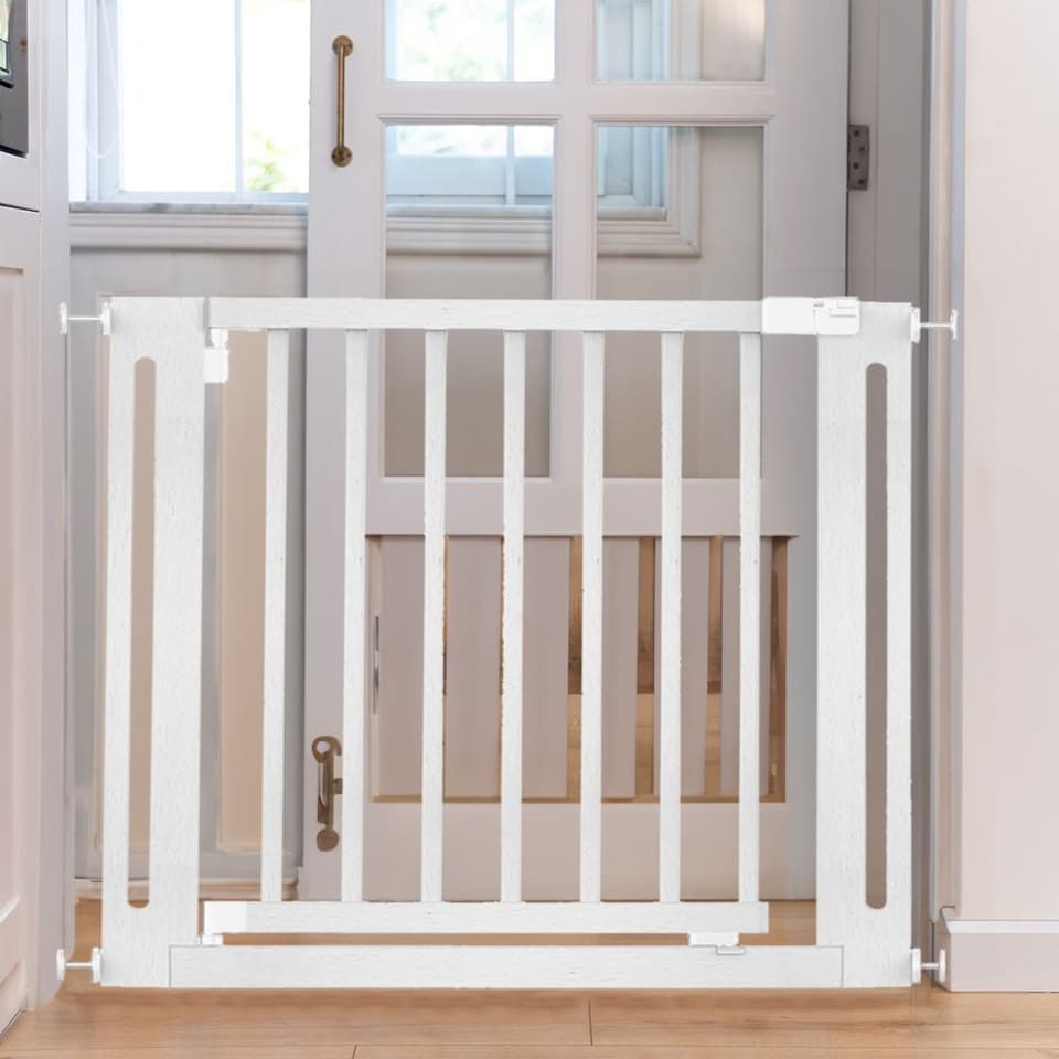 image 1 of Safetots Wooden Elegance Gate, White, 79cm - 87cm, Pressure Fit Safety Gate, 57cm Extra Wide Doorway, Easy Installation